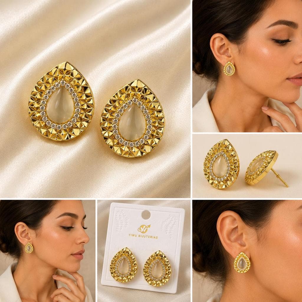 Brincos Feminino Gota Dourado com Zircônias e Pedra Central Elegante Luxo para Festas e Uso Diário