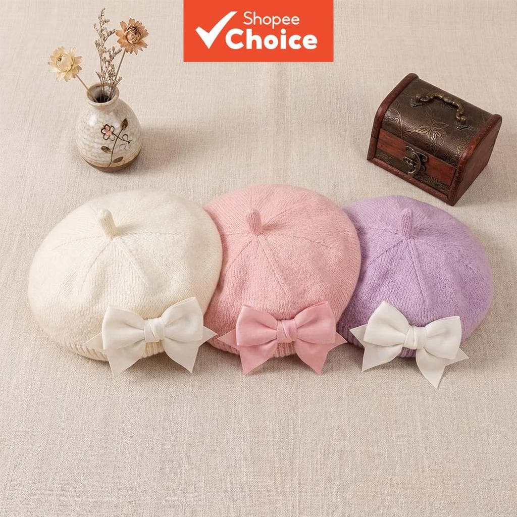 3 Peças Boina De Malha Para Bebês Meninas Outono Inverno Boné Com Laço Crianças