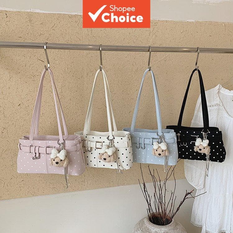 Bolsa tiracolo feminina de bolinhas, com alça transversal e pingente de urso removível, adequada para compras,