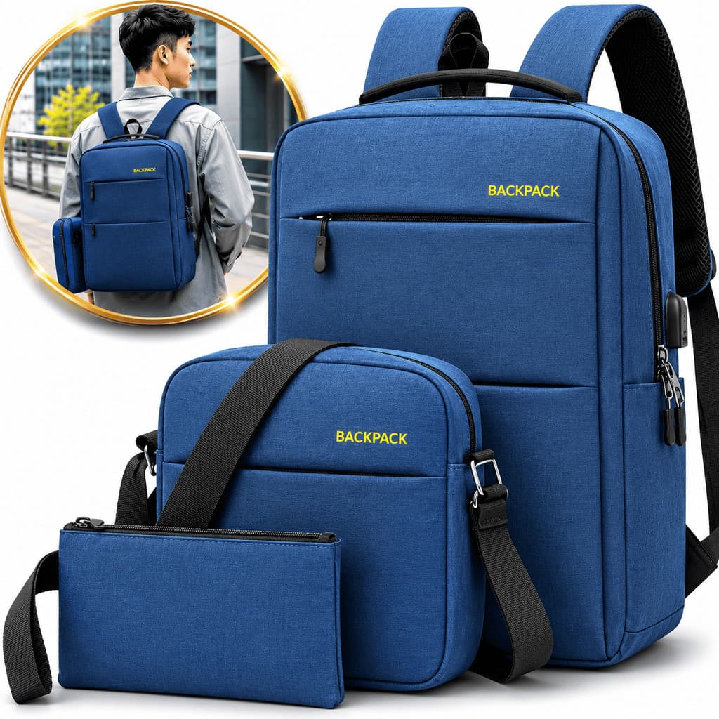 Kit Mochila 3 Em 1 Mala De Bordo Viagem Trabalho Unissex Bolsa Transversal Pequena Estojo Organizador De Cabos Premium