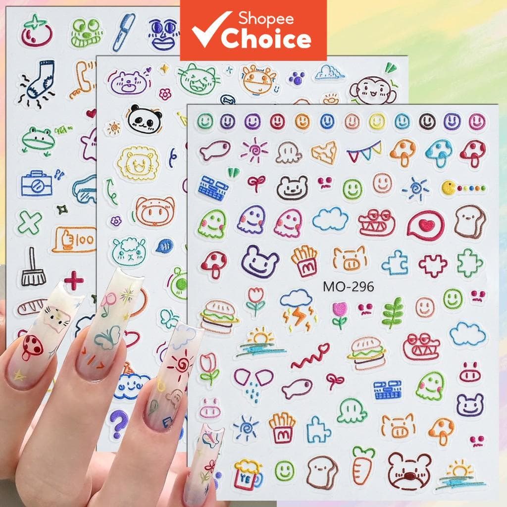 3/6/12 folhas adesivos de unha 5D fofos de desenho animado coloridos para nail art DIY
