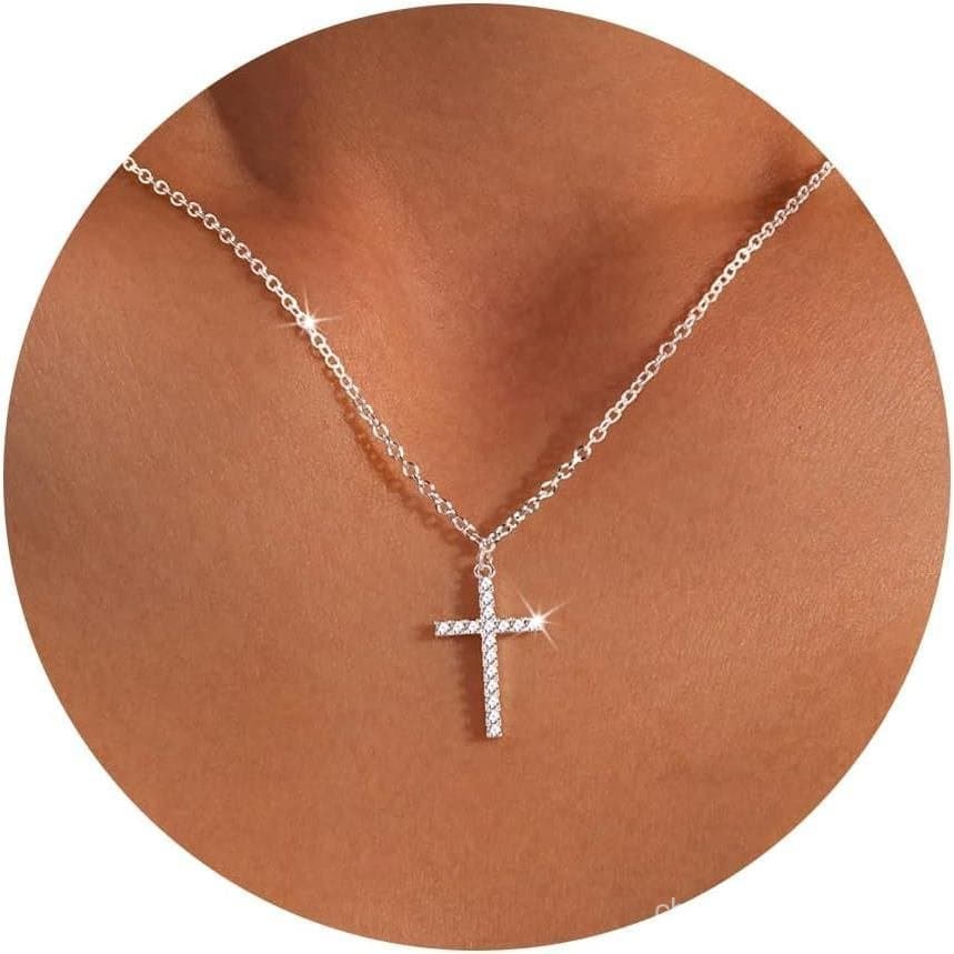 Colar de Cruz Poxtex para Mulheres e Adolescentes, Exquisito Colar de Cruz Banhado a Ouro 14K e Prata, Não Oxidável