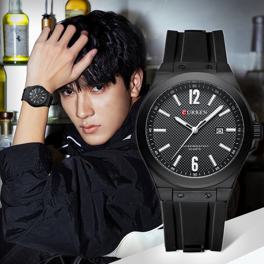 Relógio Masculino Original CURREN, 3ATM à Prova d'Água, Pulseira de Silicone, Ponteiros Luminosos, Simples e Casual, Mod