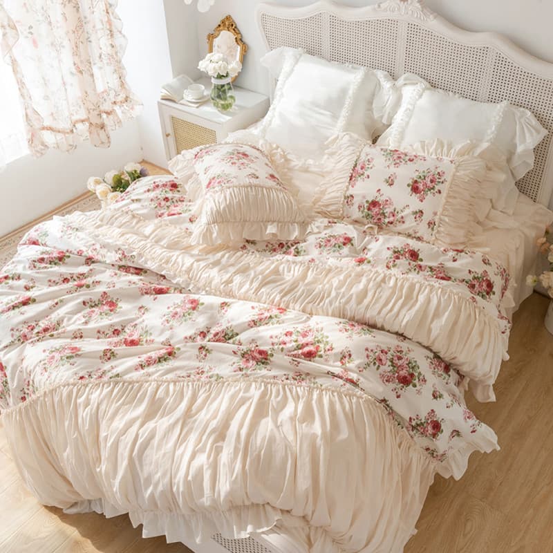 Ins pintura a óleo Retro rosa puro algodão conjunto de quatro peças branco estilo princesa algodão colcha capa estilo co