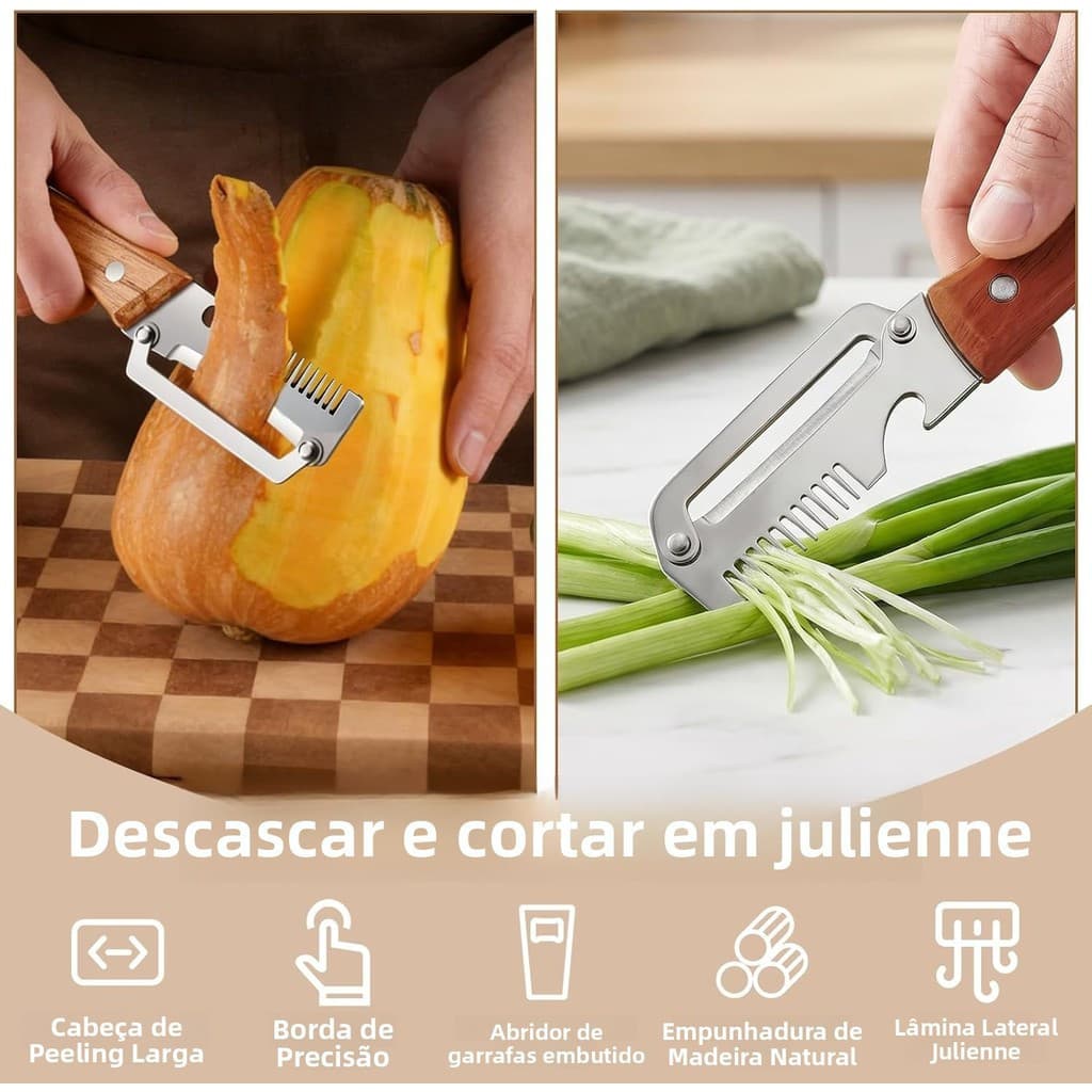 Conjunto de 2 peças de descascadores de vegetais com cabo de madeira, lâminas largas de aço inoxidável, design 3 em 1, i