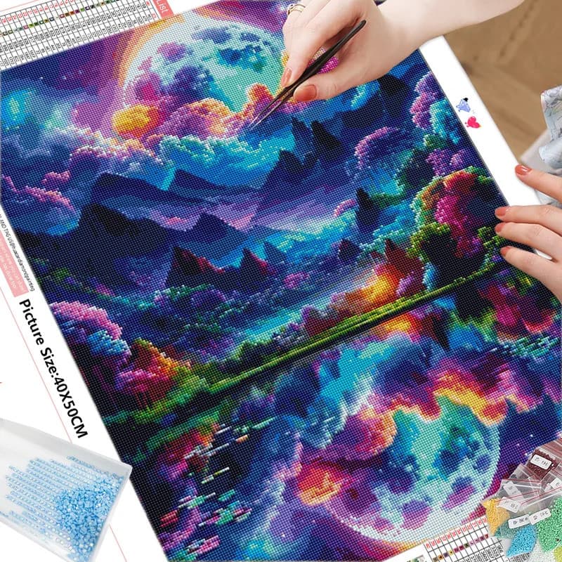 Pintura de Paisagem em Mosaico de Diamantes, Bordado Lunar, Ponto Cruz com Strass, Artesanato Manual