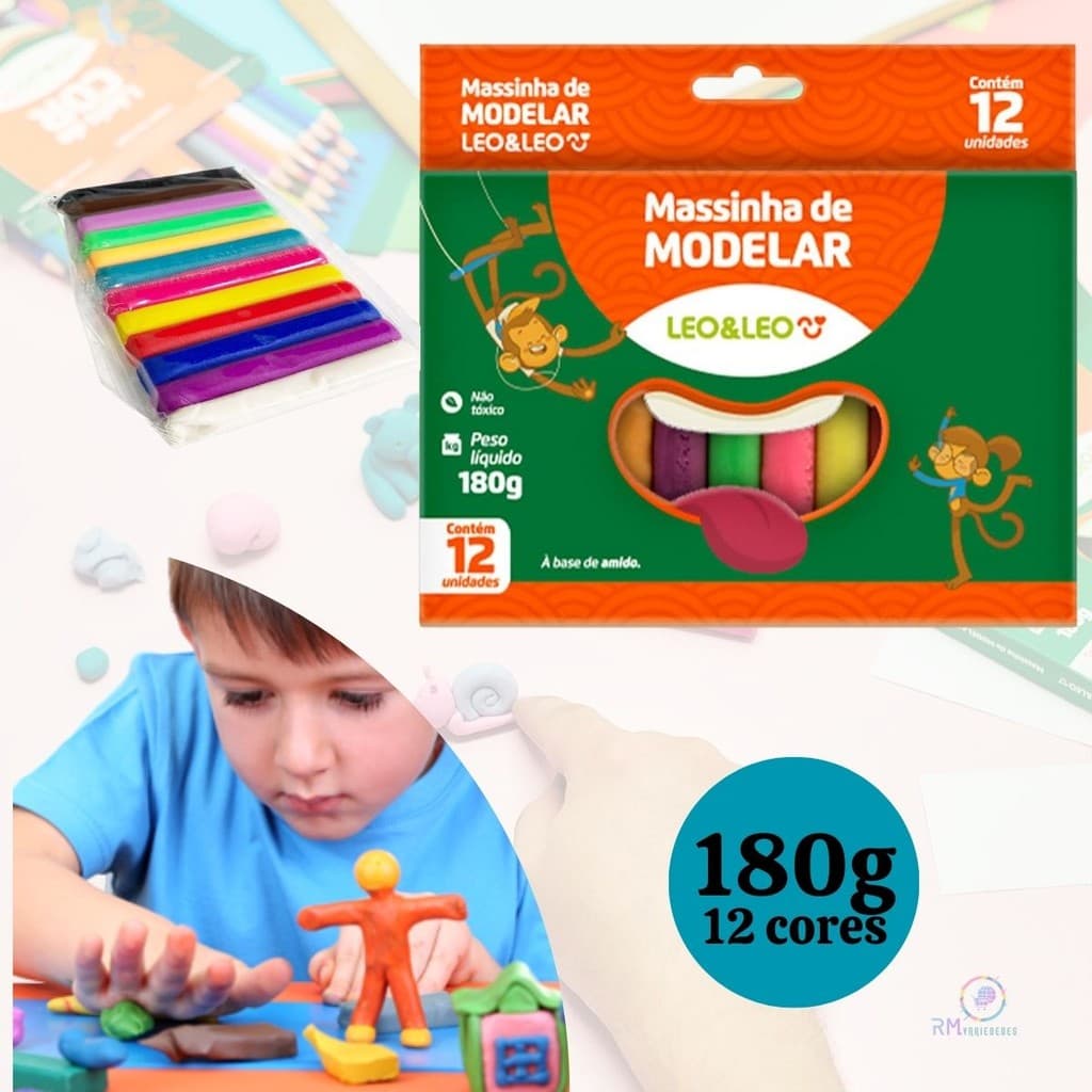 Caixa De Massa de Modelar 12 Cores Da Leonora 180g N~so Tóxico  Base de amido