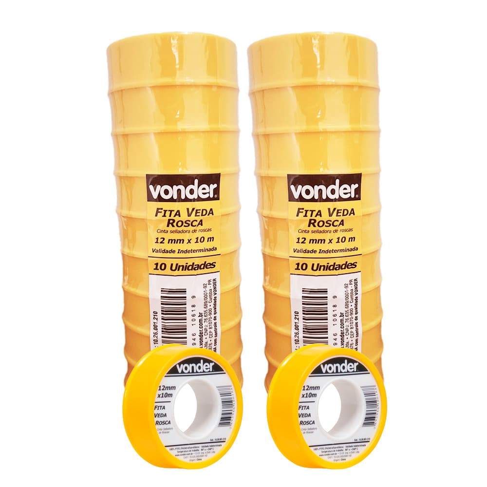 Kit 20 Fitas Veda Rosca Vonder 12mm x 10m C/ Estojo Protetor