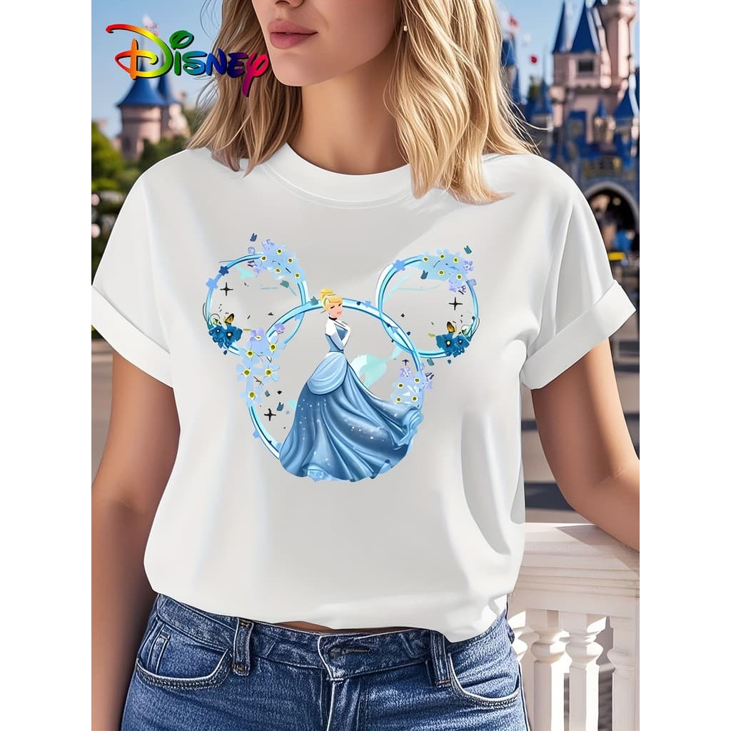 Camiseta Feminina Casual E Confortável De Algodão Com Estampa Fofa E Divertida Da Cinderela