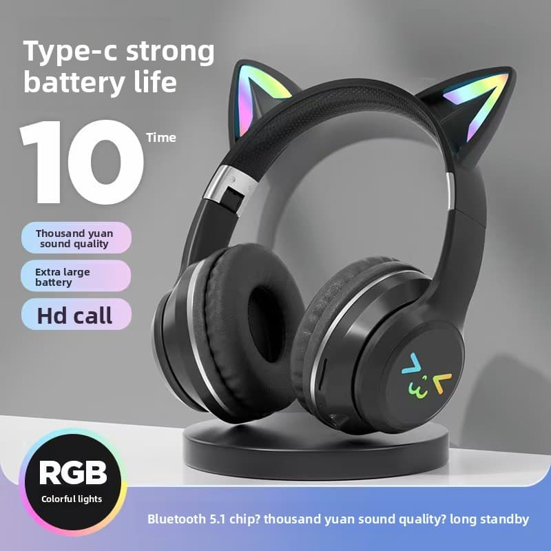 Fones de ouvido BT618 RGB, modelo de fone de ouvido com orelhas de gato fofas, sem fio, com longa duração da bateria.