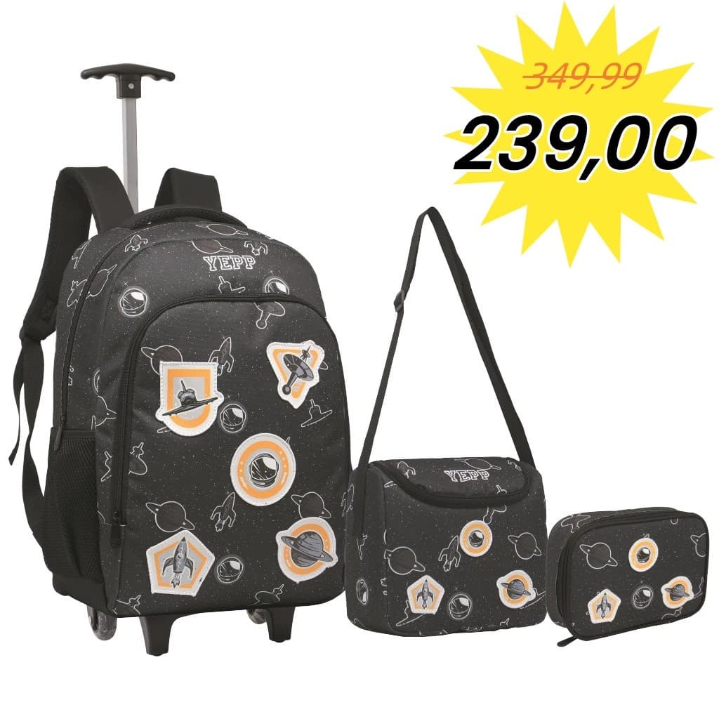 Kit Mochila Menino Infantil Escolar Tema Foguete Astronauta
