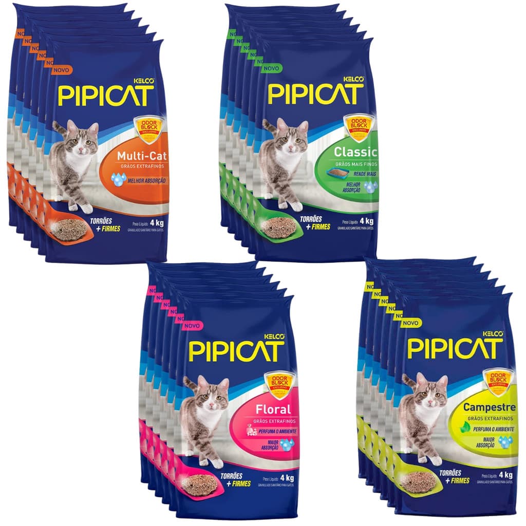 Kit 6 Areia Pipicat 4kg Para Gatos Higiênica Controle de Odor Alta Absorção