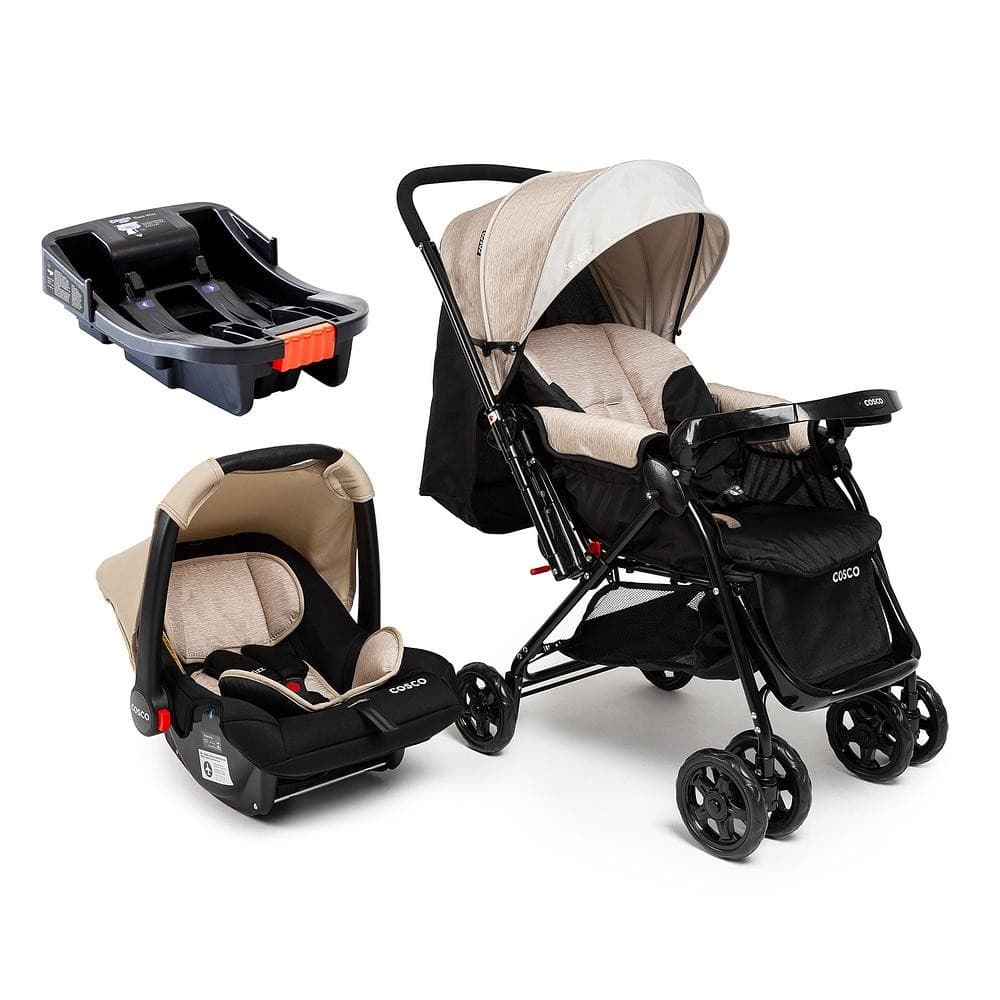 Carrinho Com Bebê Conforto e Base Cosco Kids Travel System Trio Reverse Alça Reversível Bege