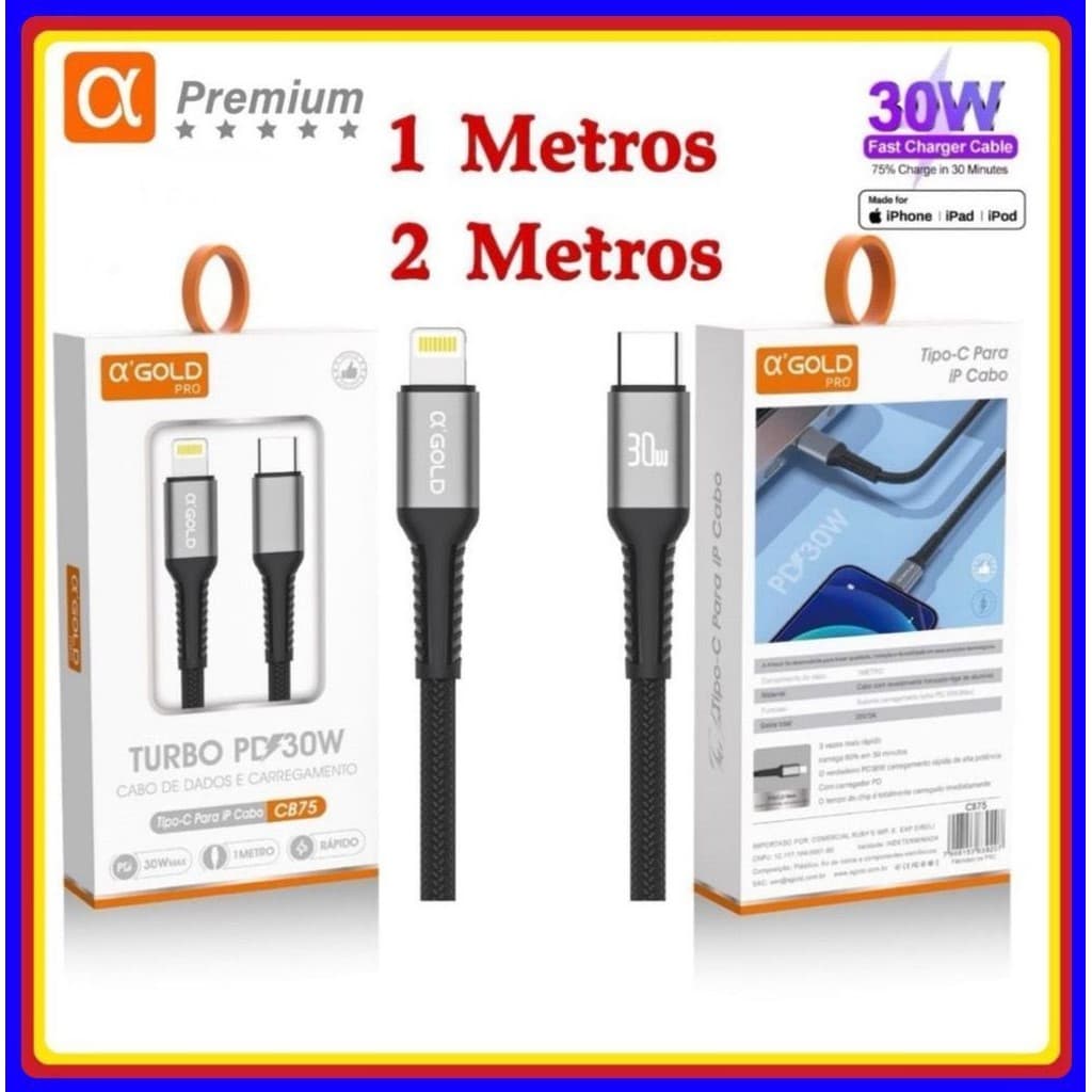 Cabo de iPhone Turbo 30W PD USB C Para Lightning Qc 4.0 original A'GOLD Carregamento Super Rápido