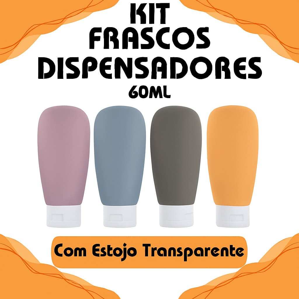 Kit 4 ou 3 Frascos 60ML Plástico Com Estojo Transparente Útil Para Viagens Dispensador