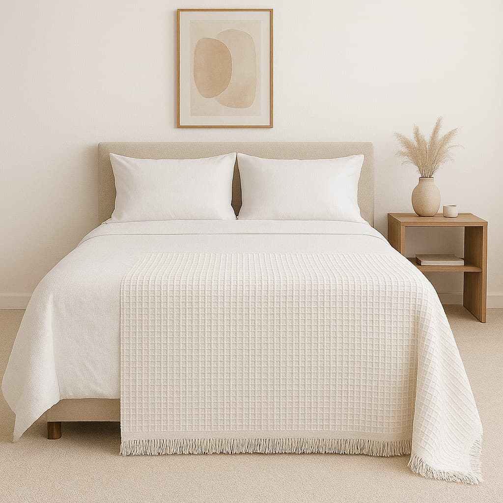 Manta Boho Elegância e Conforto Algodão Piquet Cru com Franjas – 2,10x1,50m