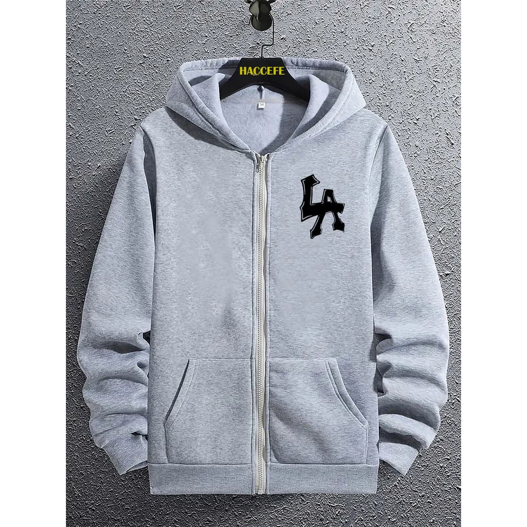 Moletom com capuz masculino e estampado  LA, zíper e bolso canguru, confortável e versátil para uso diário no outono