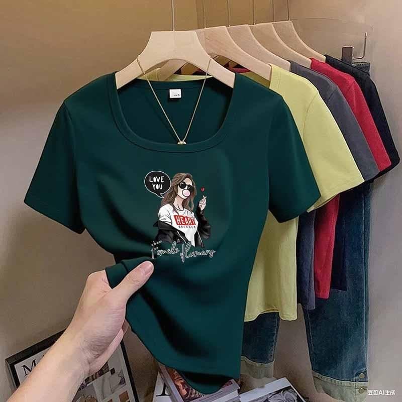 Versão Coreana De Verão Da Camiseta Com Decote Em U Feminina De Manga Curta slim fit Curto Estampado tops Tamanho Grande