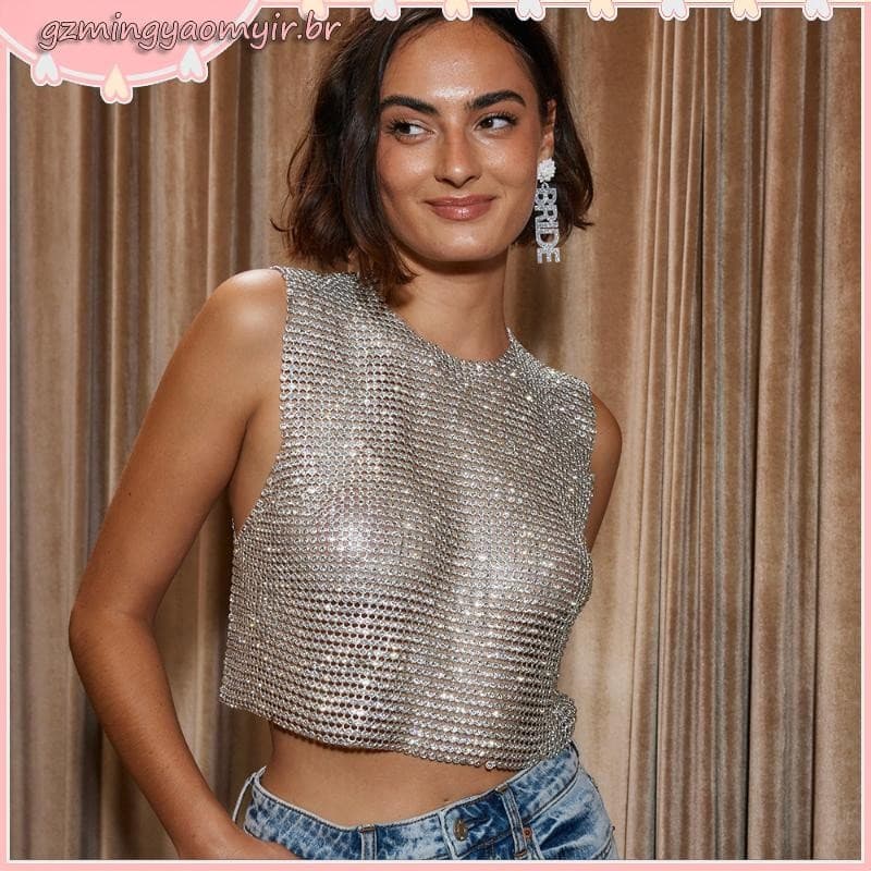 Wil Regatas Femininas Malha , Joia Corporal , Mangas , Crop , Roupa Balada