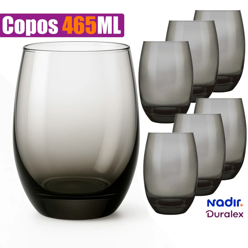 KIT 12/06 Copos Vidro Fume Escuro Ergonomico Nadir Modelo Aruba Brilhante 465 ML Multiuso Oval Luxo