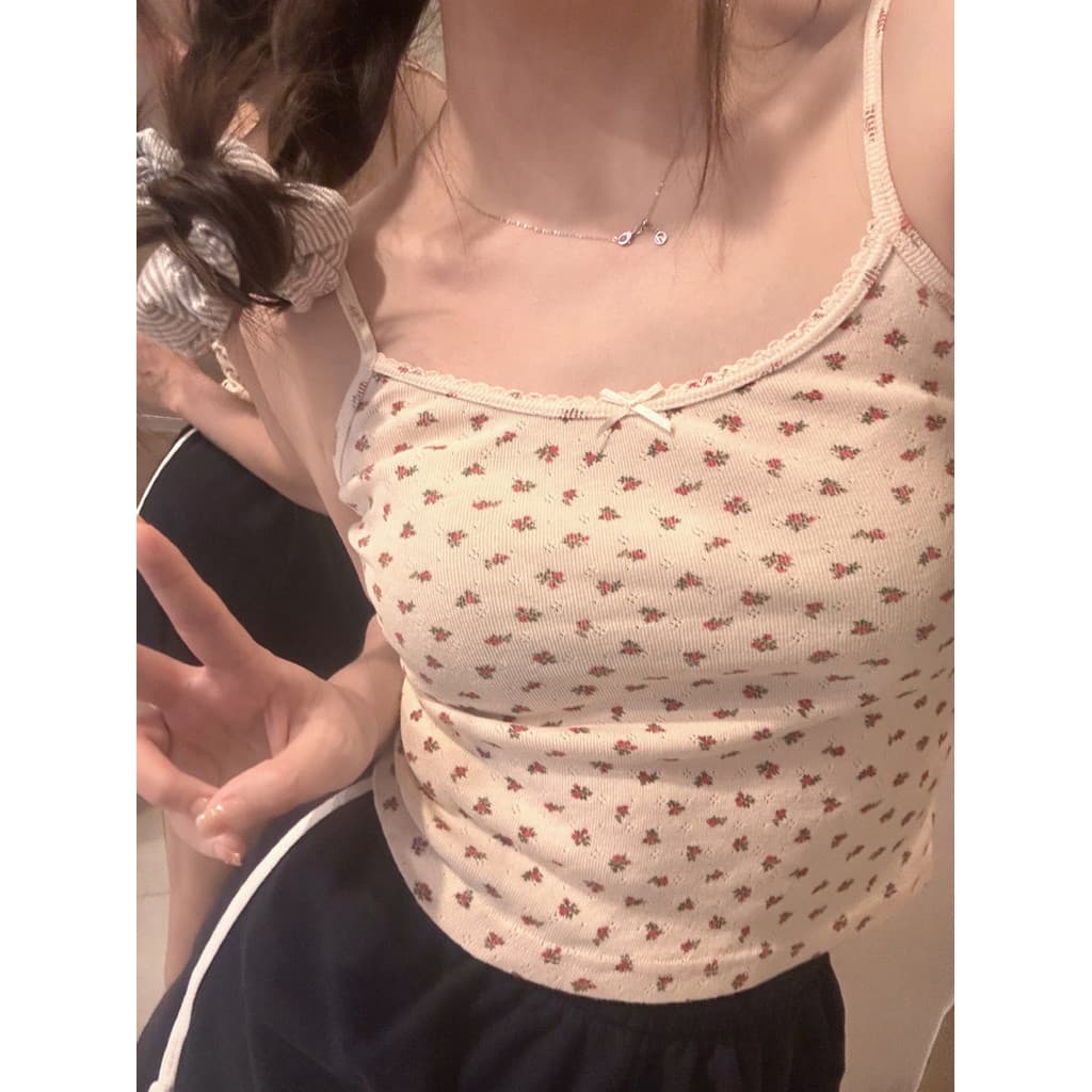 Floral renda pequena estilingue BM colete feminino verão francês quente menina interior exterior usar curto doce estilo