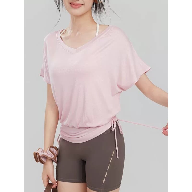 Top de ioga estilo preguiçoso com cordão Casual esportivo manga curta