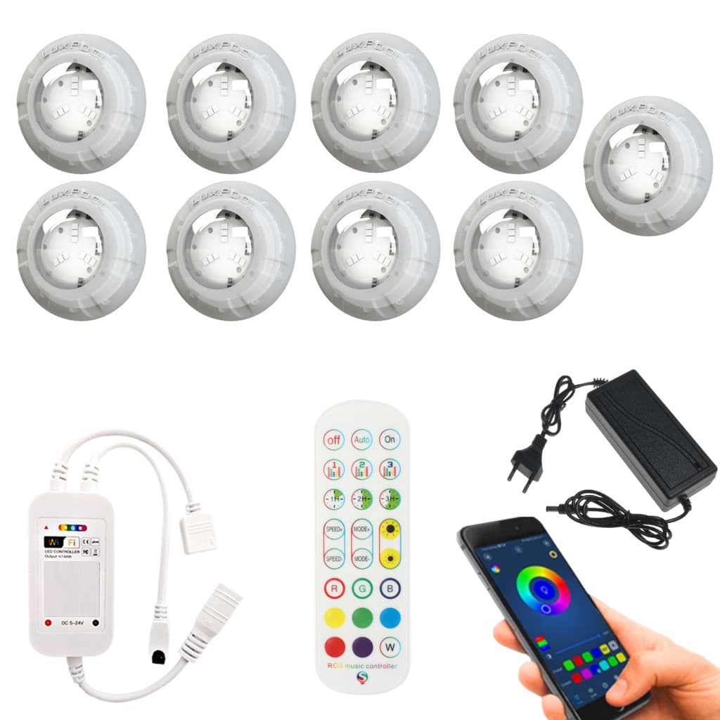 Conjunto 9 Refletores Piscina RGB 6W LuxPool Com Fonte Bivolt e Comando