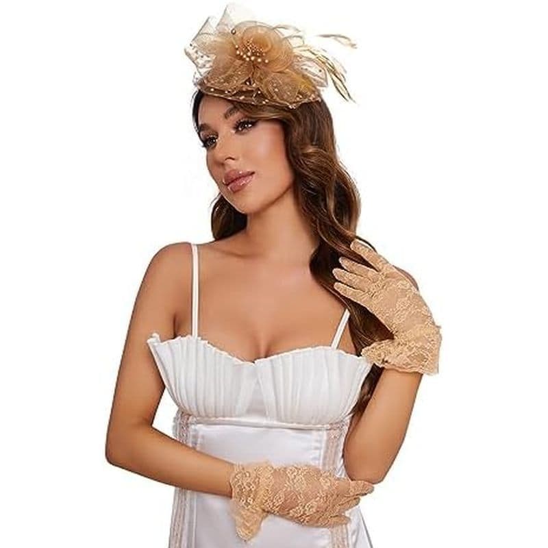 Fascinators Chapéu Clipe Casamento Cocktail Chá Festa Headwear E Luvas Curtas De Renda Bowknot Para Mulher
