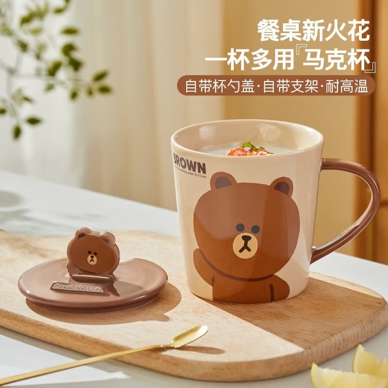 Caneca de urso marrom com tampa, copo de cerâmica de alto valor, copo de café da manhã fofo, copo para beber cerveja de