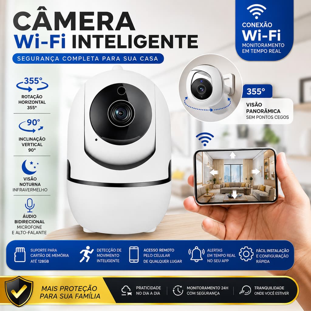Câmera WiFi Segurança IP44 HD Visão Noturna Monitoramento