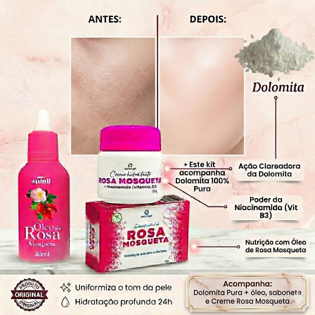 Kit Rosa Mosqueta Completo: Creme Clareador Niacinamida+ Sabonete+  Oleo Rosa Mosqueta + Dolomita Pura