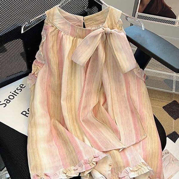 Camiseta Listrada Francesa Contrastante Com Cadarço E Gola Halter halterneck Camisola Solta Plissada Arco Top Feminino T