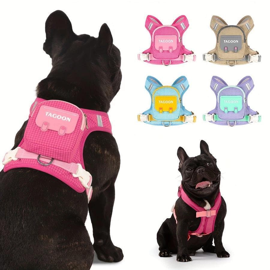 Mochila para Cães com Dispensador de Sacos para Dejetos, Coleira Peitoral para Cães Pequenos e Médios
