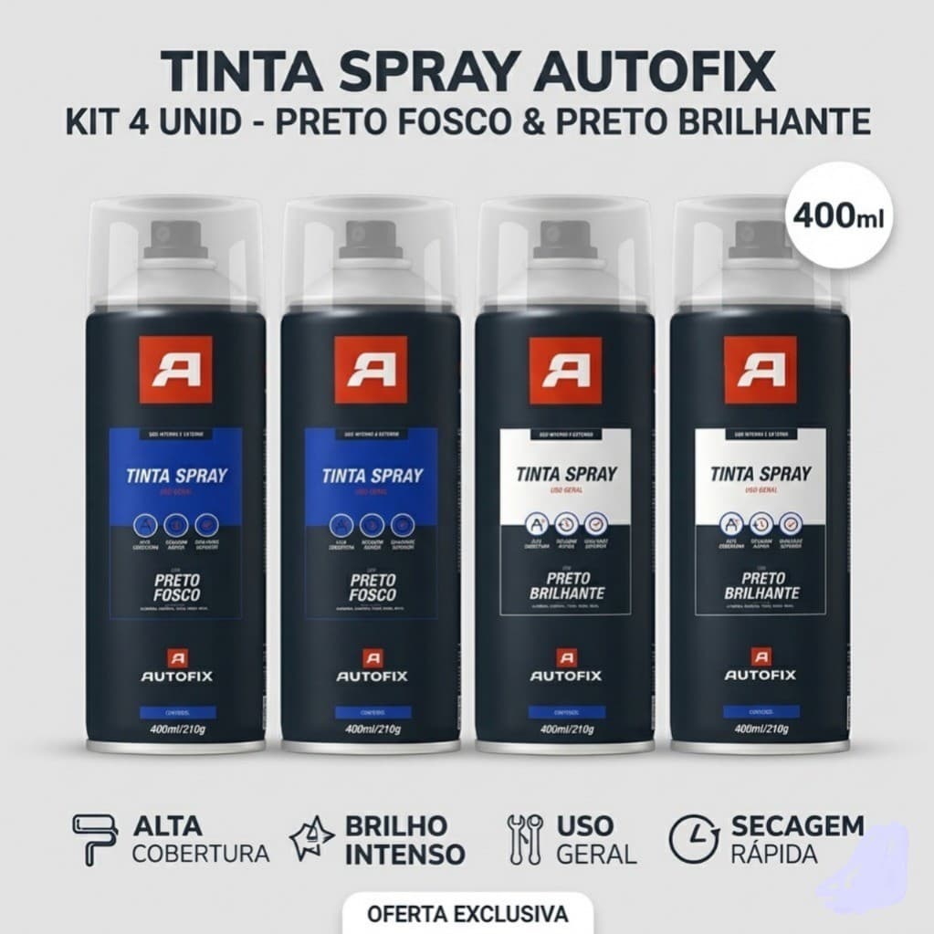 Kit 4 Tinta Spray Autofix 400ml Preto Brilhante e Preto Fosco Alta Cobertura Secagem Rápida Uso Gera