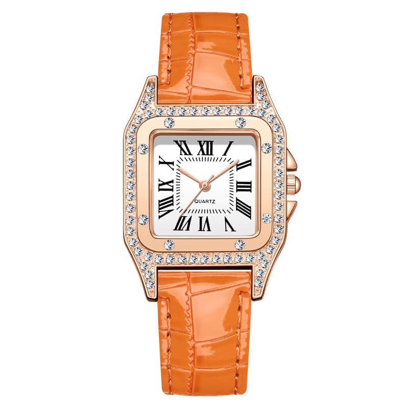 Relógio Feminino Quadrado Romano Elegante com Detalhes em Diamante, Pulseira de Couro e Movimento de Quartzo