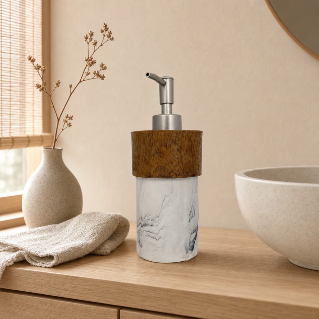 Dispenser Lavabo Sabonete Álcool Gel Branco Marmorizado Detalhe Amadeirado Porta-sabonete