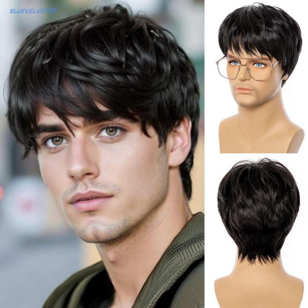 BLUEVELVETSP Peruca De Cabelo Curto E Reto , Sintética Preta Marrom Em Camadas Realista Com Franja