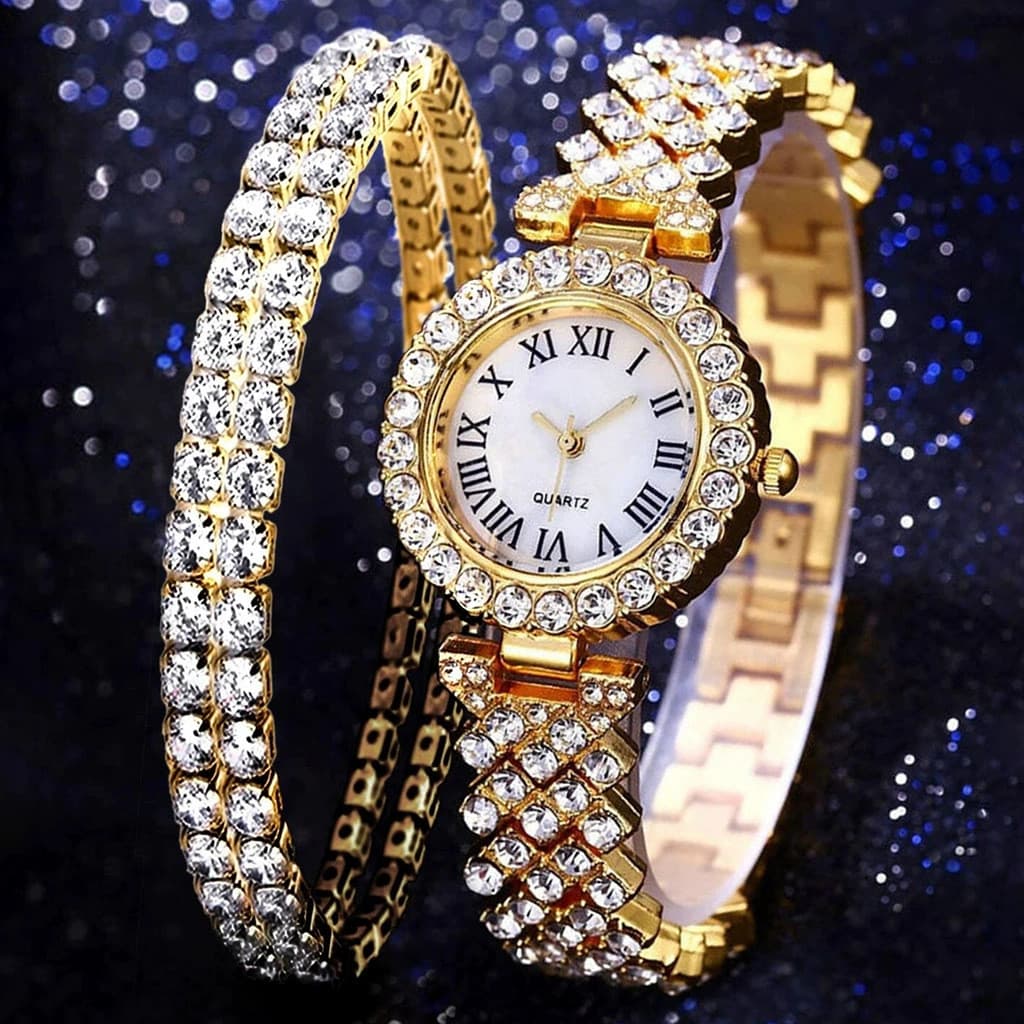 Relógio feminino com detalhes em diamante, relógio de quartzo feminino, relógio digital, conjunto de colar e relógio de