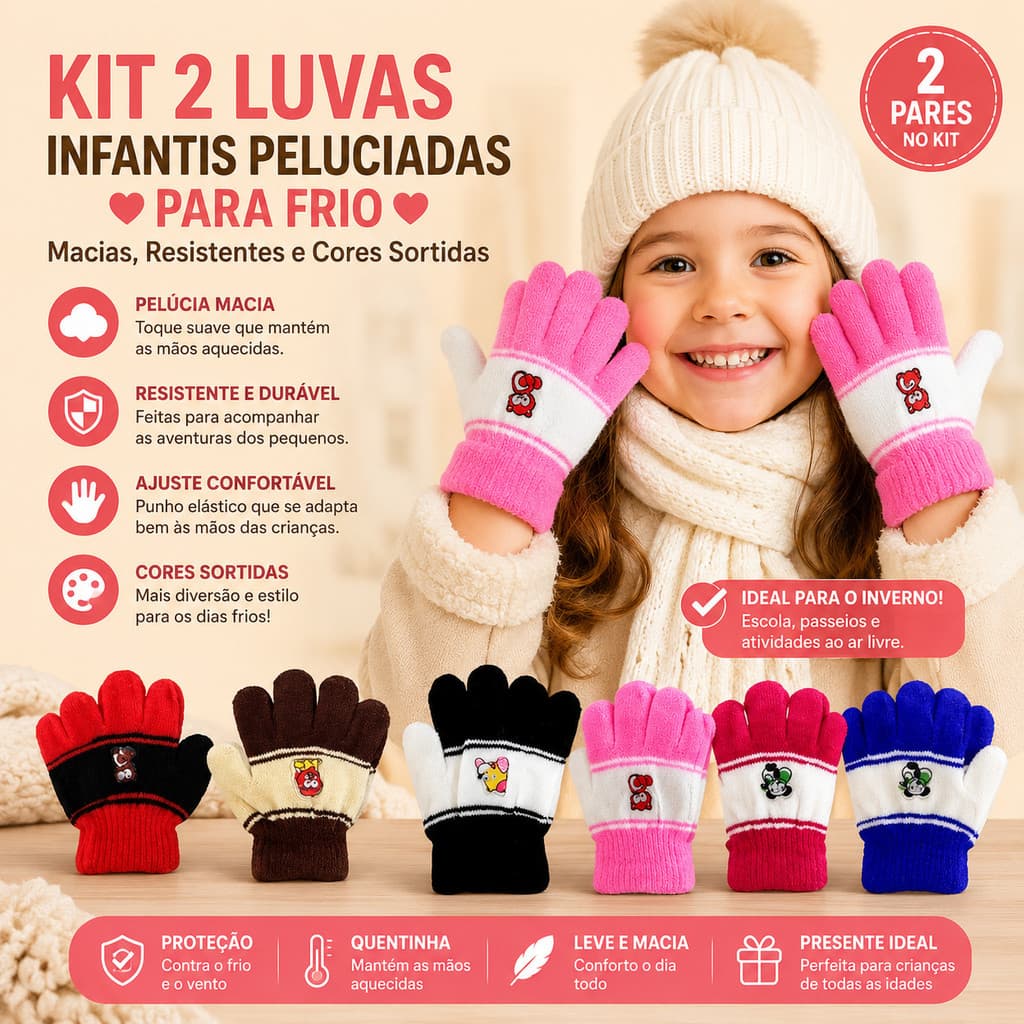 Kit 2 Pares Luvas Infantis de Inverno / Toque Macio, Punho Elástico e Cores Sortidas---WYL Store