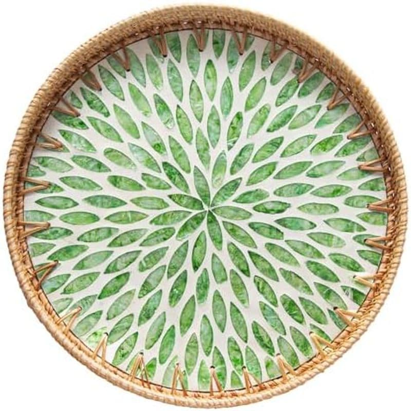 Bandeja Redonda De Vime De 14 Polegadas Para Decoração De Casa , De Servir Com Incrustação De Madrepérola Decorativa Boh