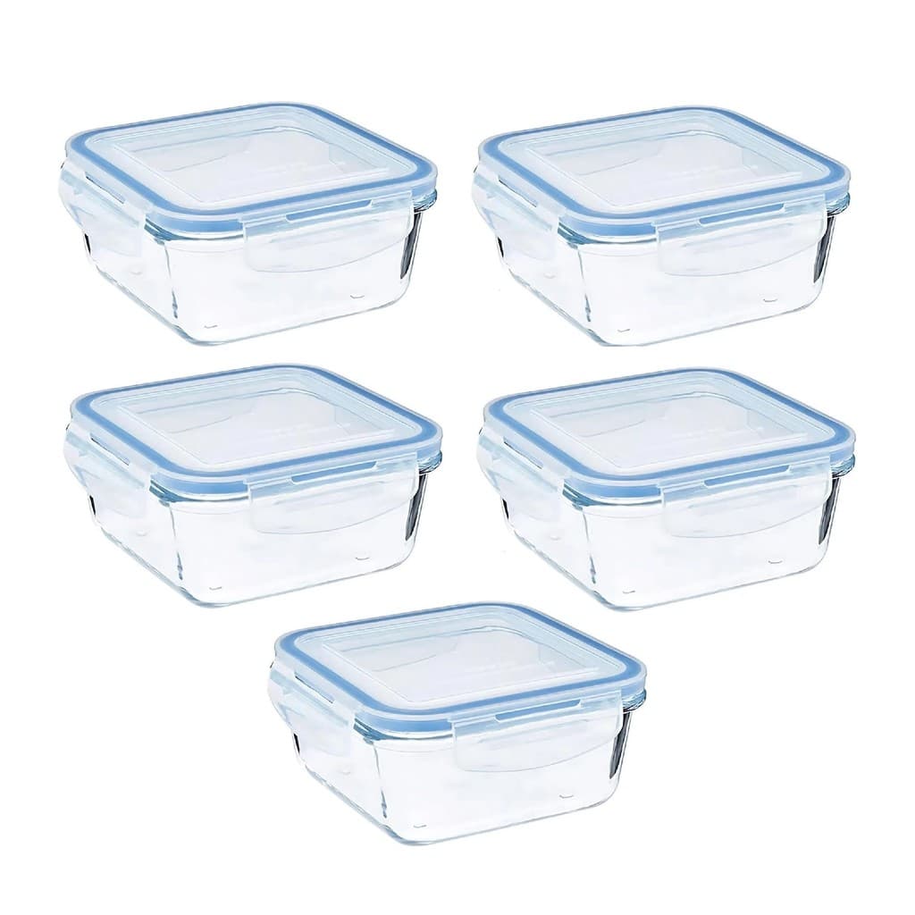 Conjunto 5 Potes Tigela Hermético Organizador Antivazamento Marmita Reutilizável 4 Travas Fitness Refratário Vidro 1,05L