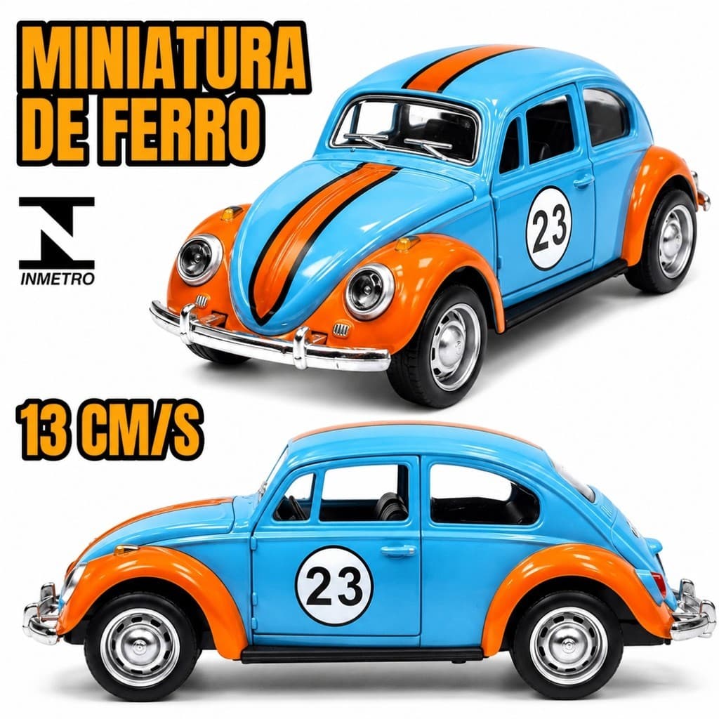 Fusca Esportivo de Metal 13cm – Miniatura Nº23 Azul com Laranja Detalhada