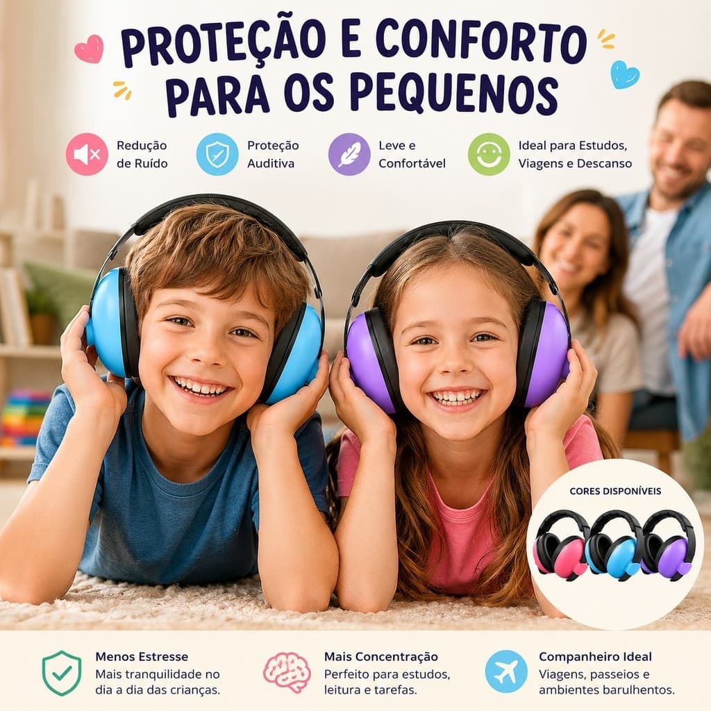 Abafador Infantil Protetor Auricular Bebê Criança Autismo TEA Ajustável Macio