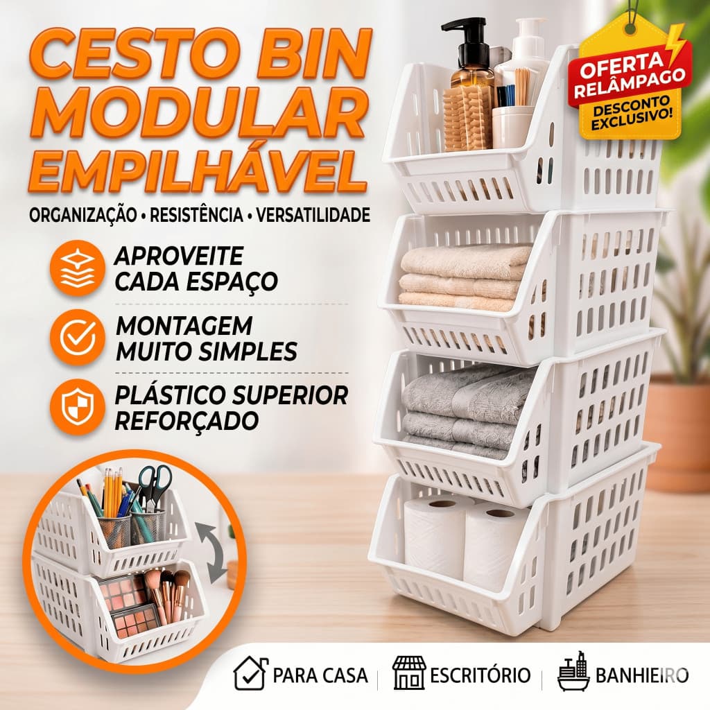 3/5/8/10 Cesto Caixa Bin Empilhável Branco Organizador Expositor Estoque Loja Plástico 13x25cm