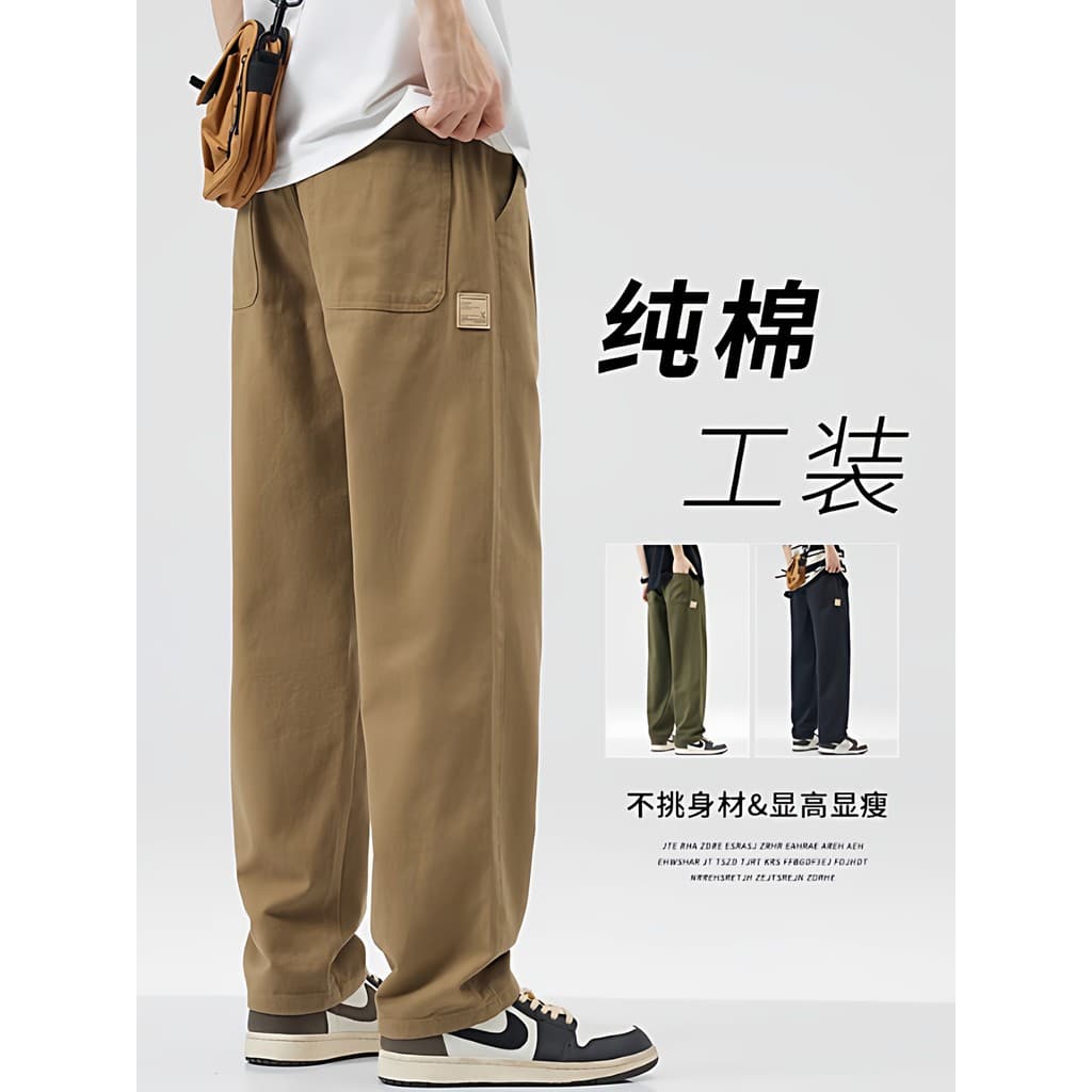 Americano puro algodão macacão masculino solto em linha reta 2026 primavera nova Casual calças masculinas de perna larga