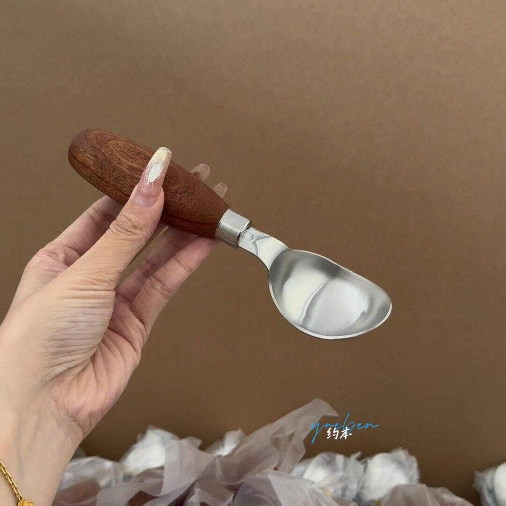[Comer melão ferramenta útil] cabo de madeira colher de melancia colher de sorvete de aço inoxidável comer colher de mel
