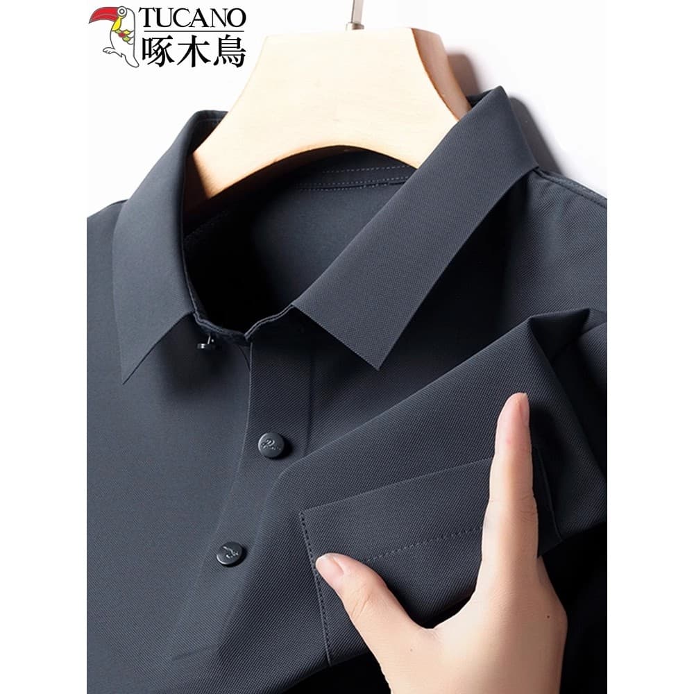 Woodpecker camiseta masculina de manga curta de meia-idade seda gelo bolso Real lapela pai usar camisa POLO Casual Hal