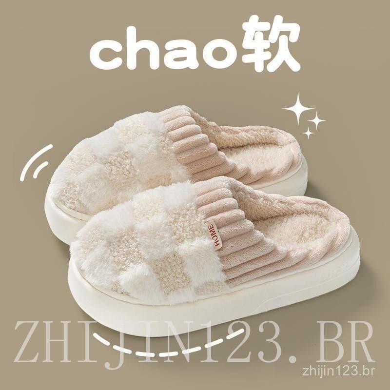 Novos Chinelos de Pelúcia com Sola Grossa para Mulheres Uso Interno Simples Quentes Antiderrapantes Chinelos para Casa