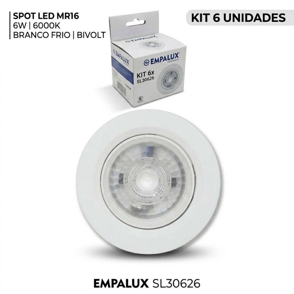 Empalux Kit 6 Spots LED MR16 6W Embutir Bivolt 6000K Branco Frio Slim Para Forro