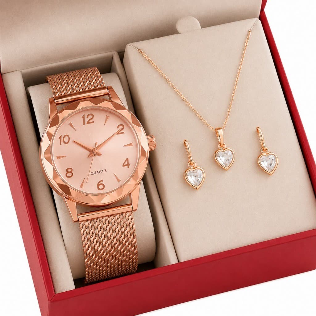 Relógio Feminino + Colar Pingente Brincos Folheado Pingo de Luz Luxo Presente Mulheres